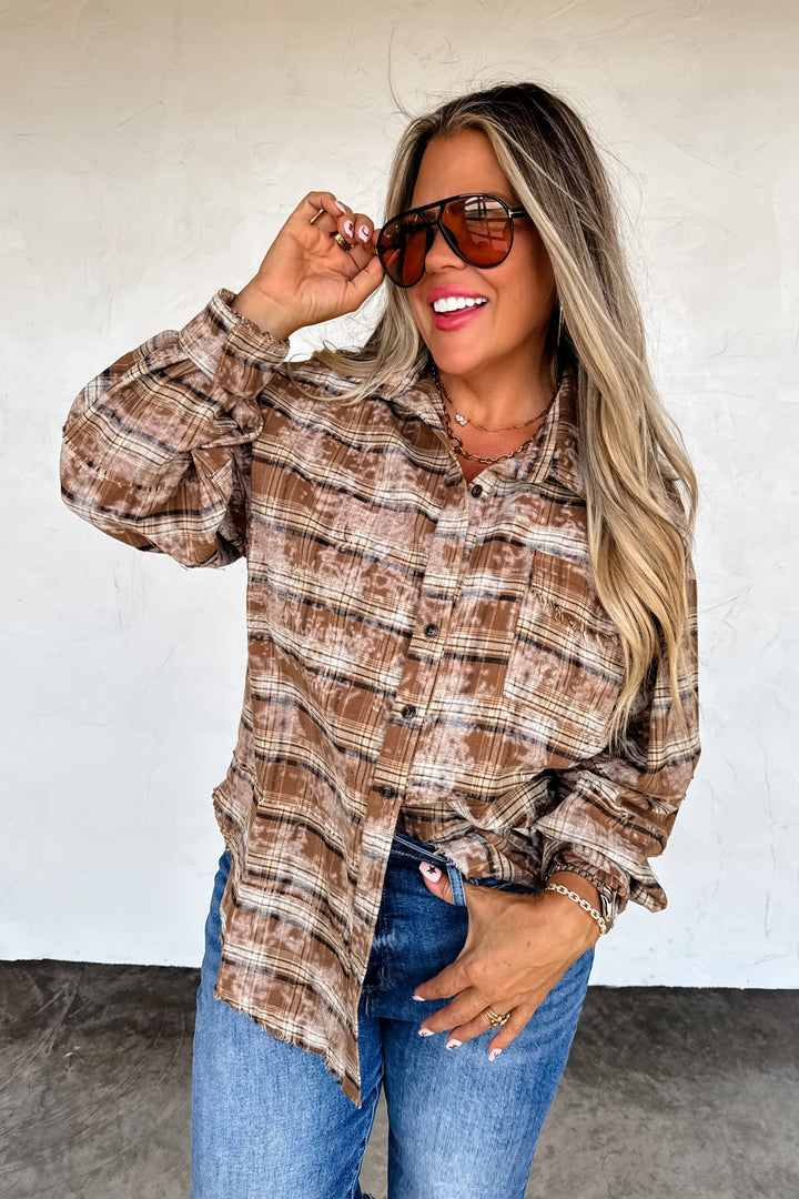 Juniper Bleached Plaid Top with Camo Sequin Bow