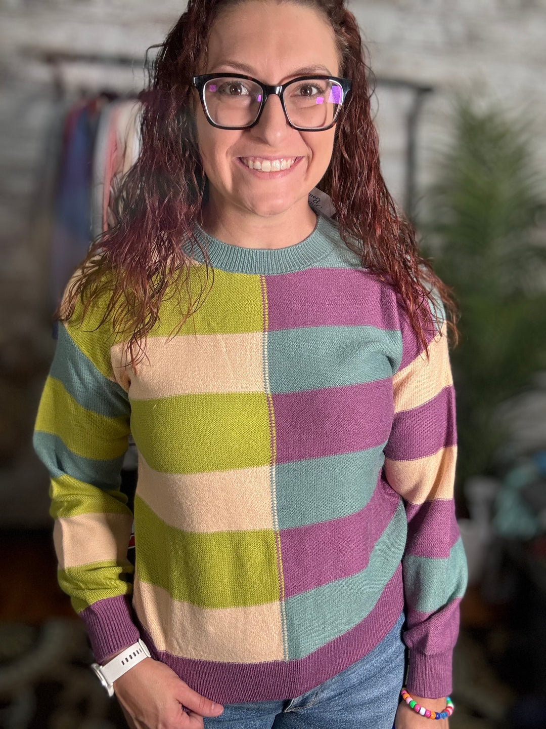 Green Stripe Drop Shoulder Ribbed Edge Sweater