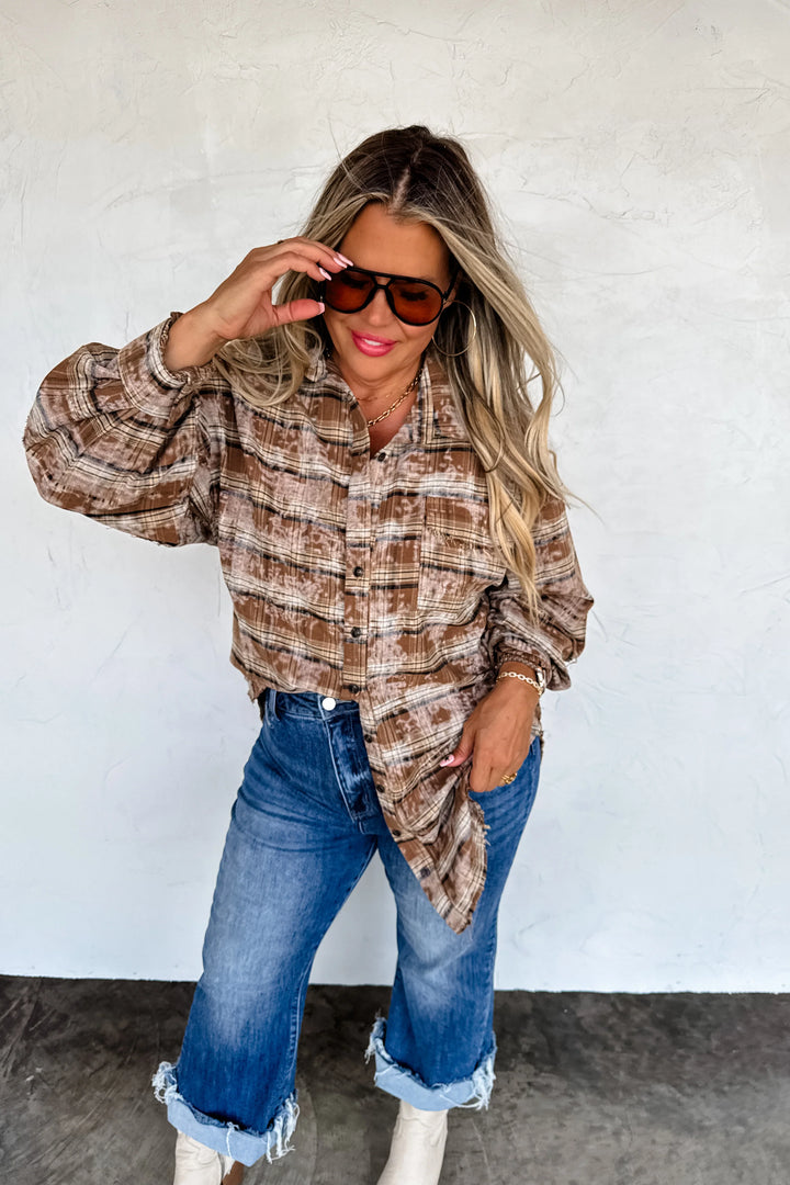 Juniper Bleached Plaid Top with Camo Sequin Bow