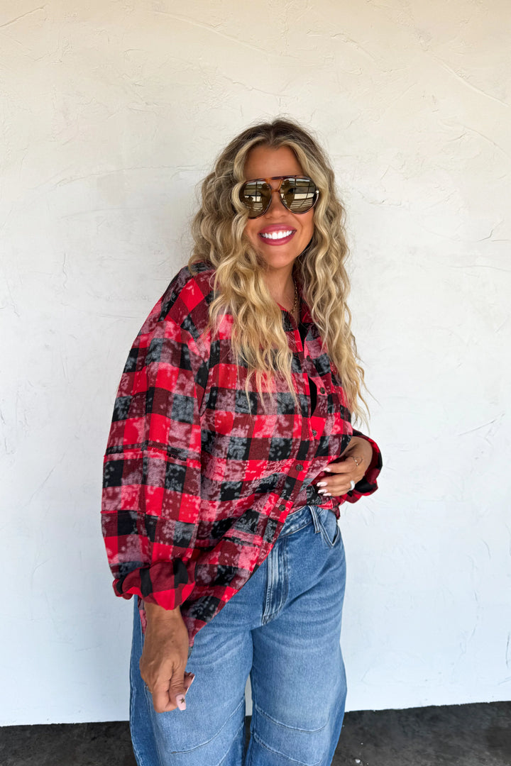 Juniper Red & Black Checkered Bleached Plaid Top