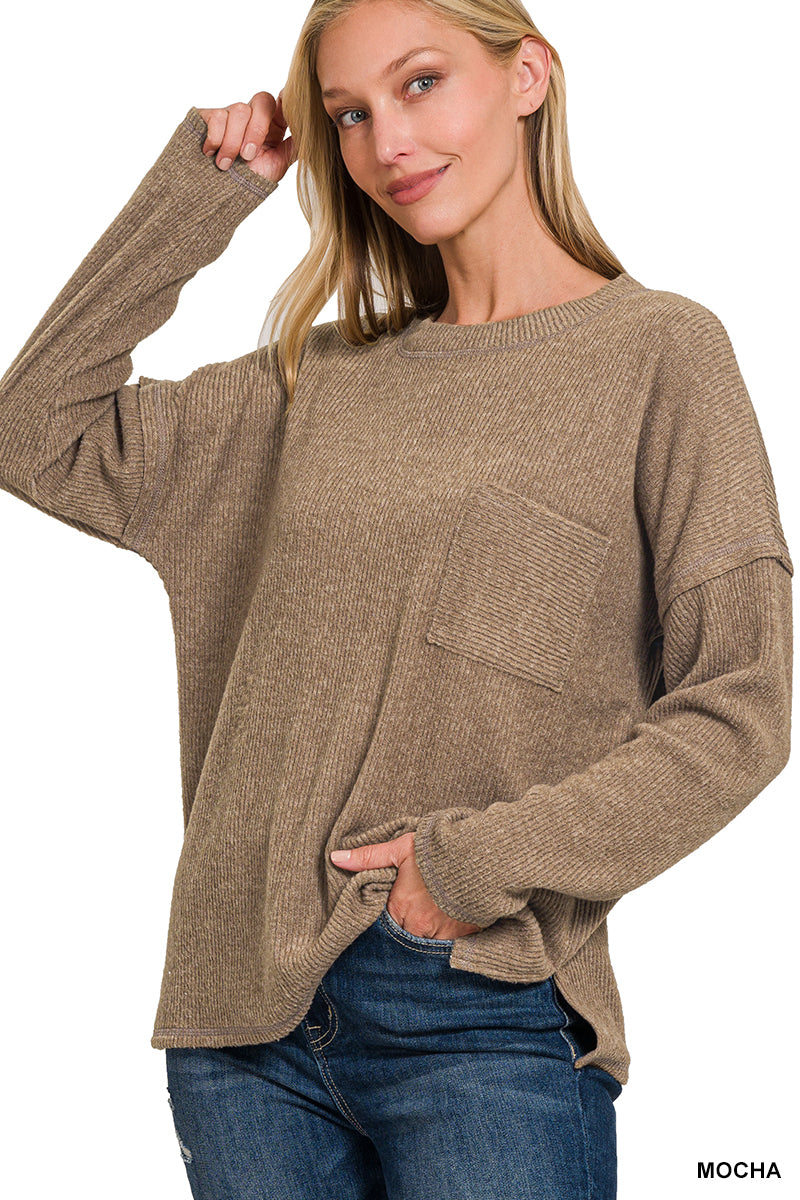 Ribbed Brushed Melange Hacci Sweater with Back Patch