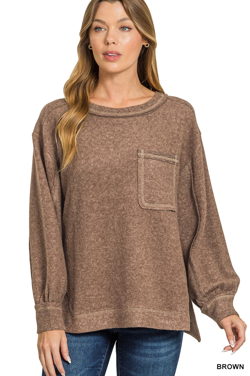 Brushed Hacci Hi-low Round Neck Sweater