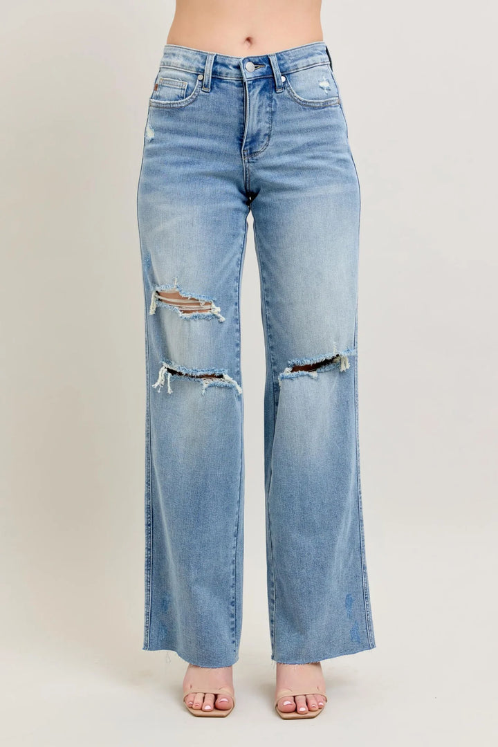Judy Blue Mid Rise Tummy Control & Distressed Wide Leg Jeans