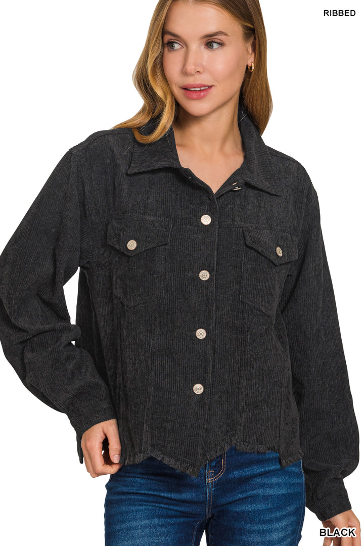 Distressed Corduroy Frayed Hem Cropped Jacket