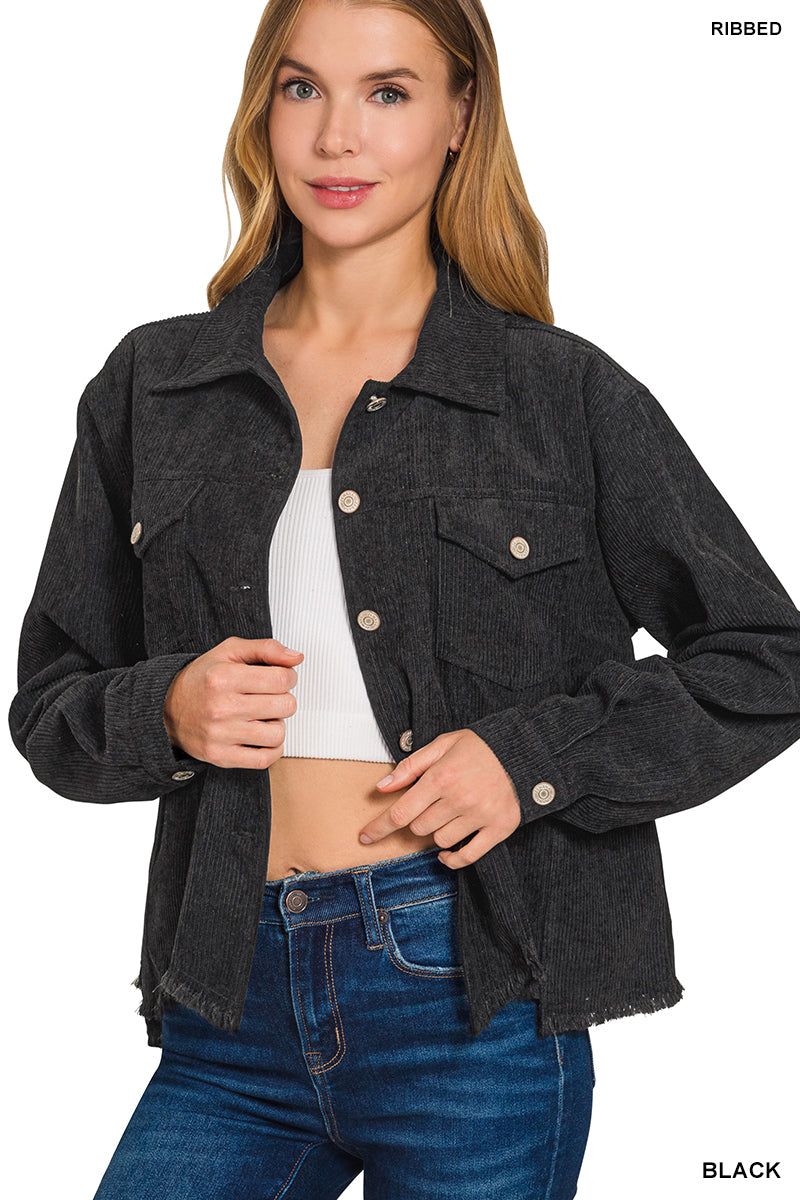 Distressed Corduroy Frayed Hem Cropped Jacket