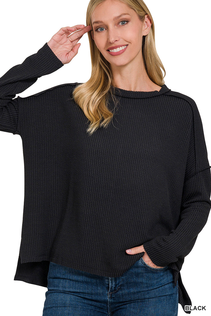 Raised Rib Raw Edge Boat Neck Long Sleeve Top