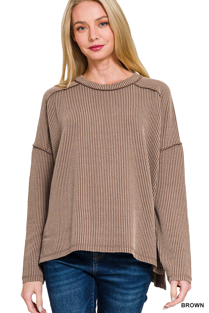 Raised Rib Raw Edge Boat Neck Long Sleeve Top