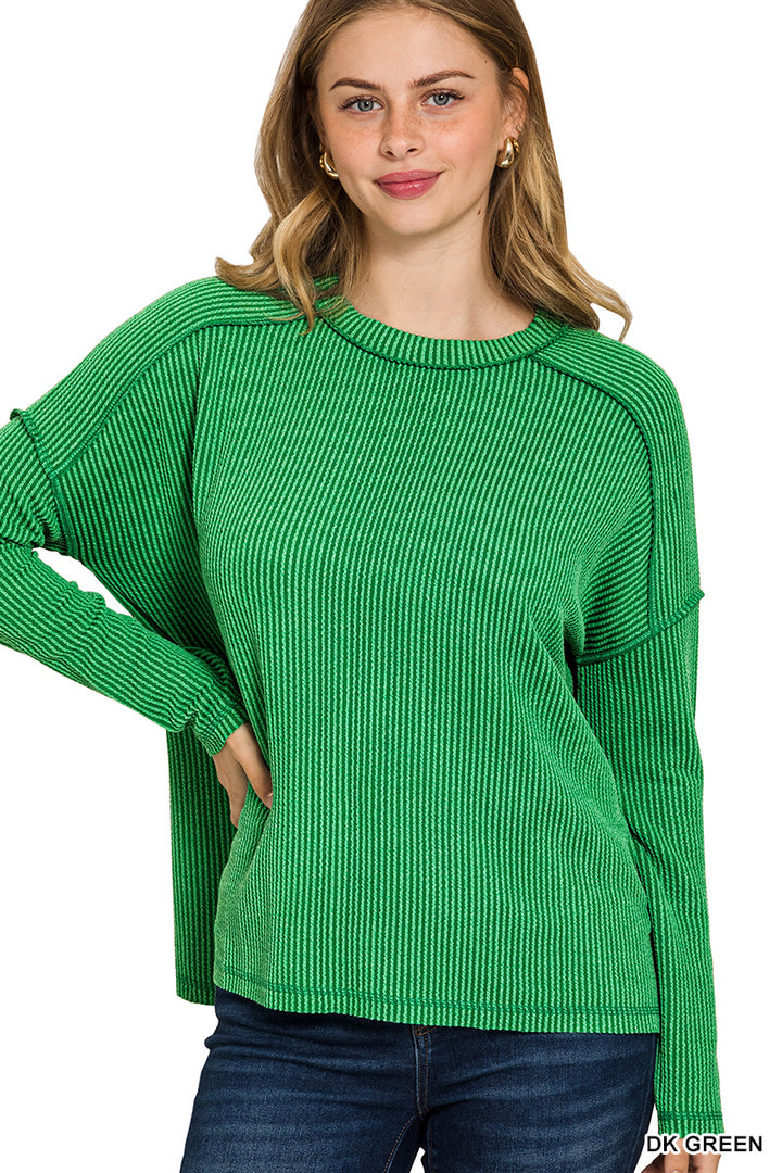 Raised Rib Raw Edge Boat Neck Long Sleeve Top