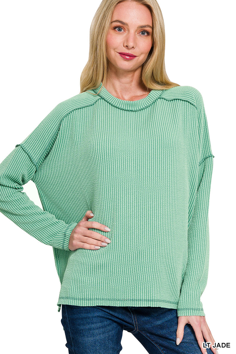 Raised Rib Raw Edge Boat Neck Long Sleeve Top
