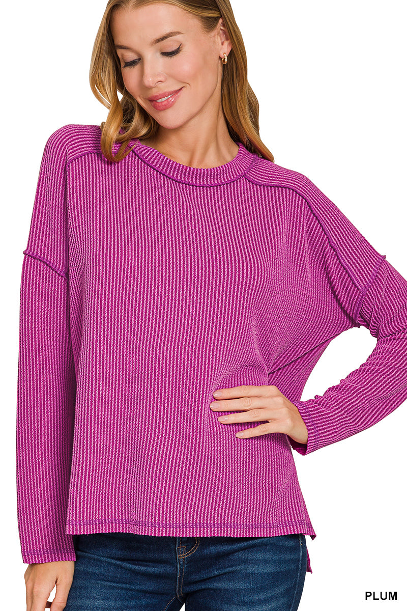 Raised Rib Raw Edge Boat Neck Long Sleeve Top