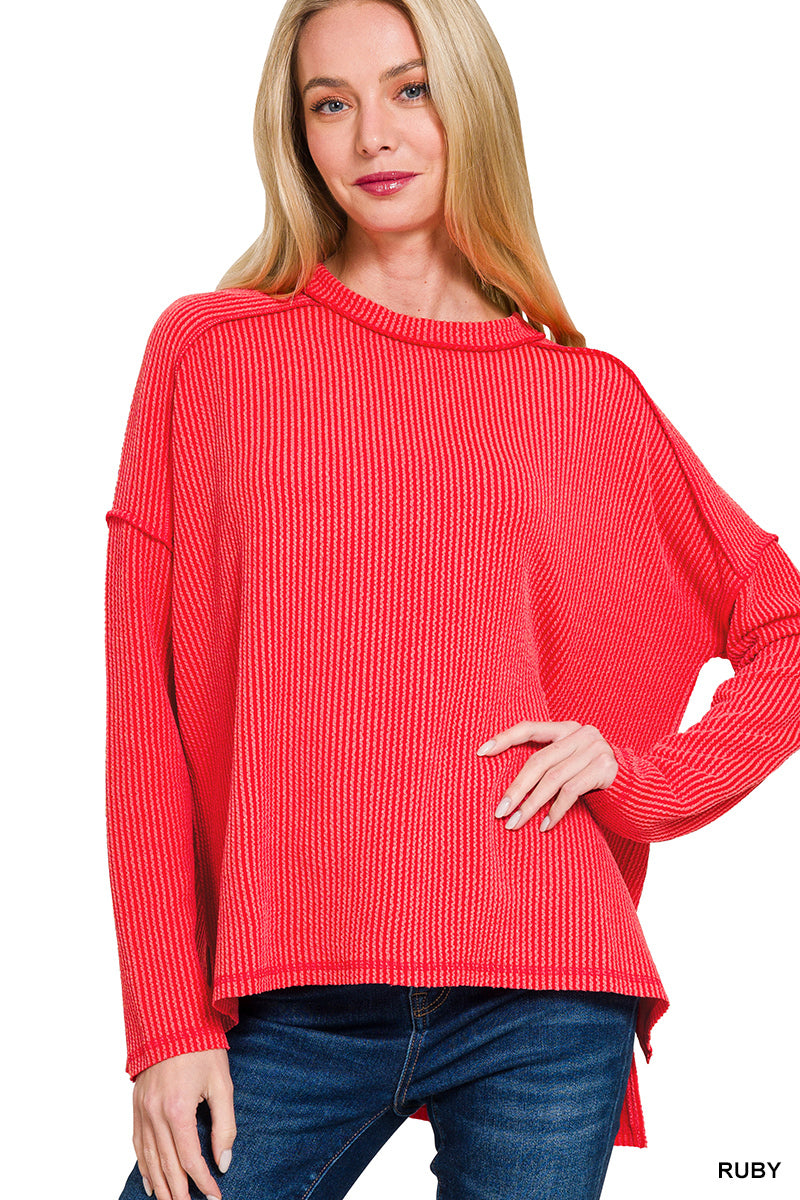 Raised Rib Raw Edge Boat Neck Long Sleeve Top