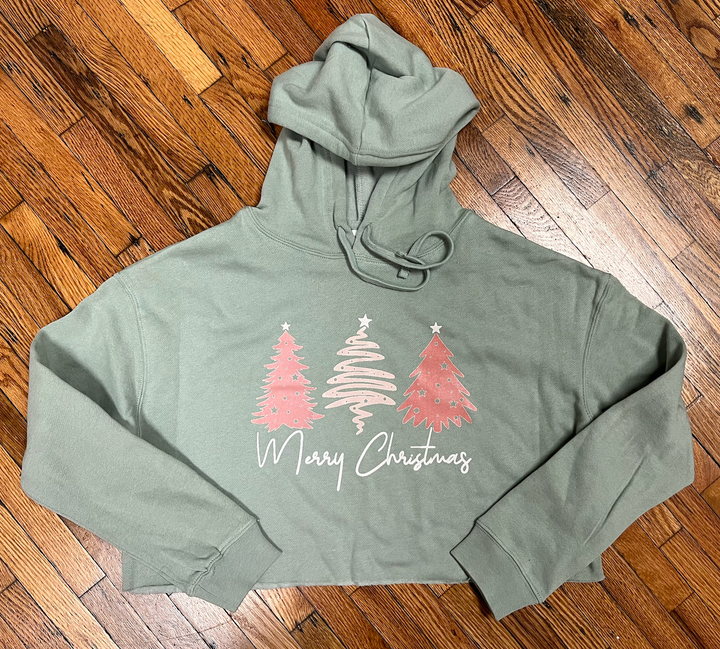 Merry Christmas Pine Crop Hooded Sweatshirt