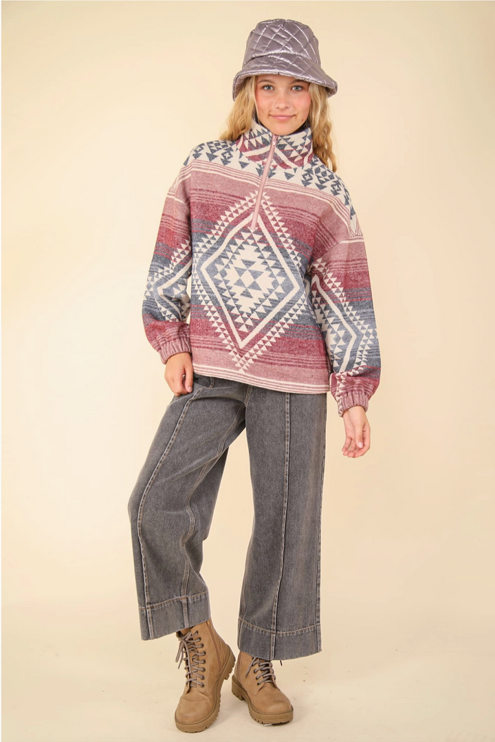 Aztec Printed Henley Woven Pullover Top