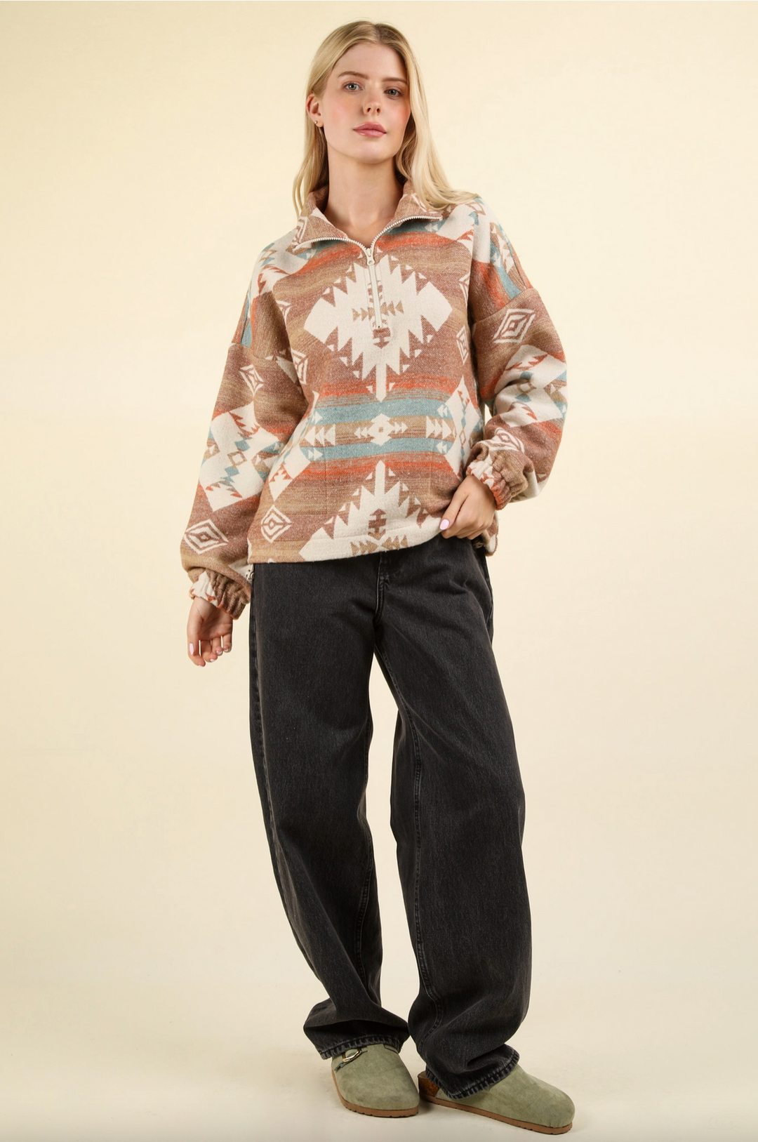 Aztec Printed Henley Woven Pullover Top