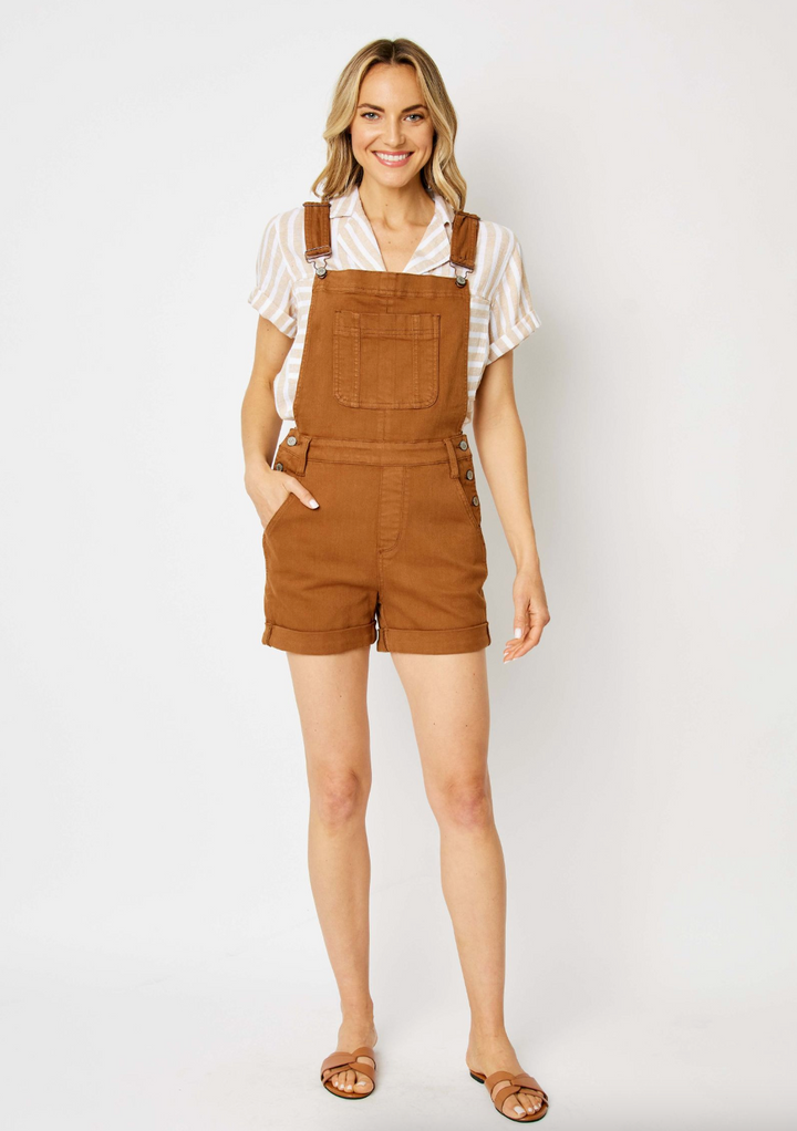 Garment Dyed Distressed Cuff Short Overalls