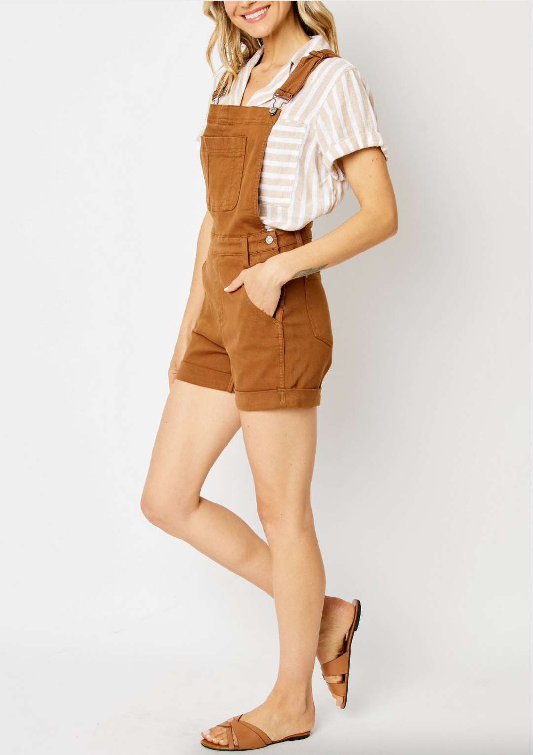 Garment Dyed Distressed Cuff Short Overalls
