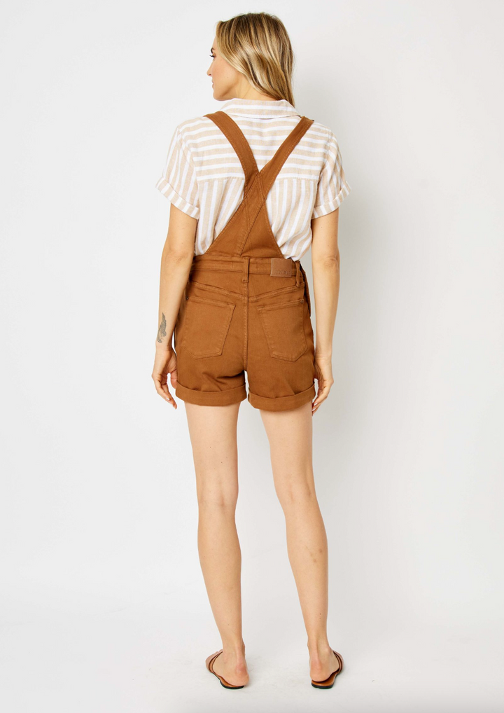 Garment Dyed Distressed Cuff Short Overalls