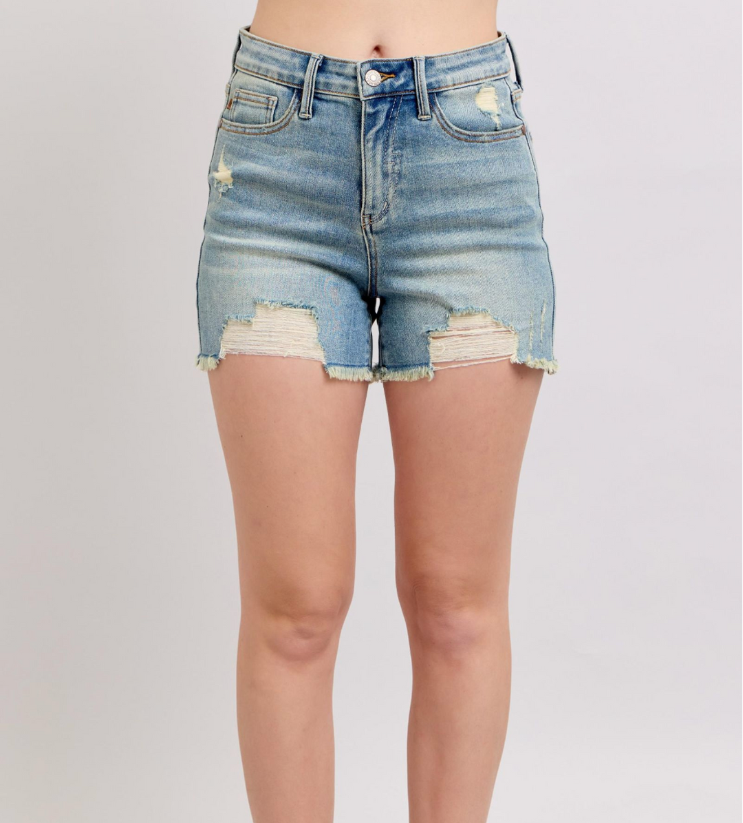 Judy Blue HW Vintage Wash Fly Stitch Detail & Destroy Shorts