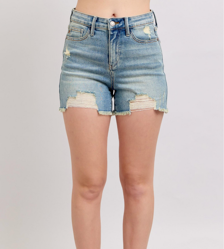 Judy Blue HW Vintage Wash Fly Stitch Detail & Destroy Shorts
