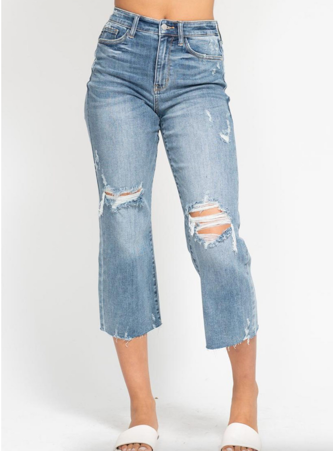 Judy Blue Light Wash Distressed Wide Crop Jeans