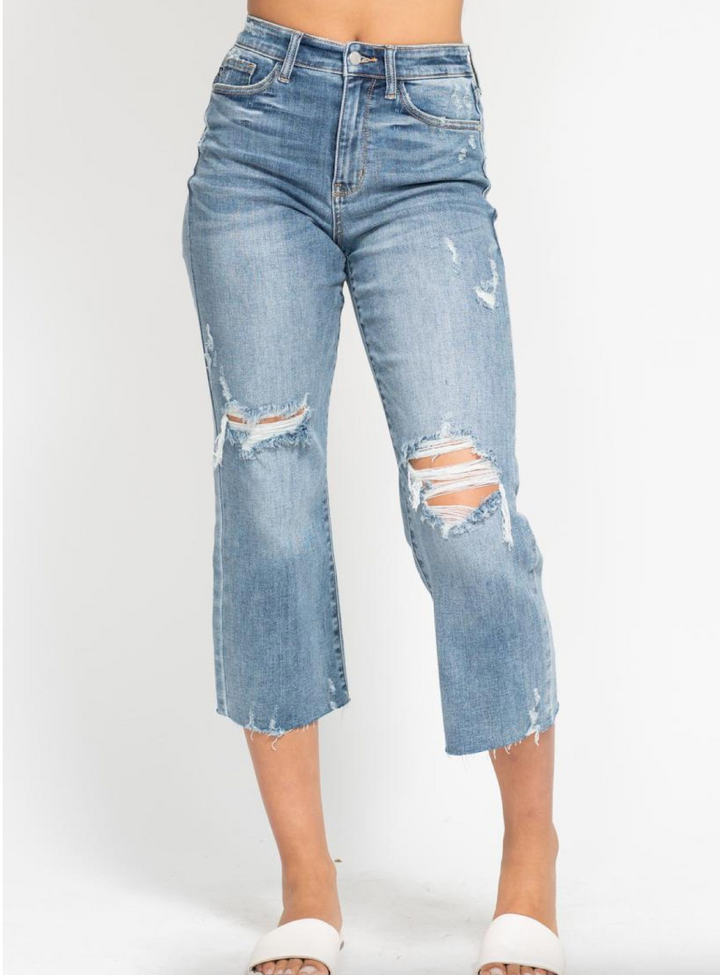 Judy Blue Light Wash Distressed Wide Crop Jeans