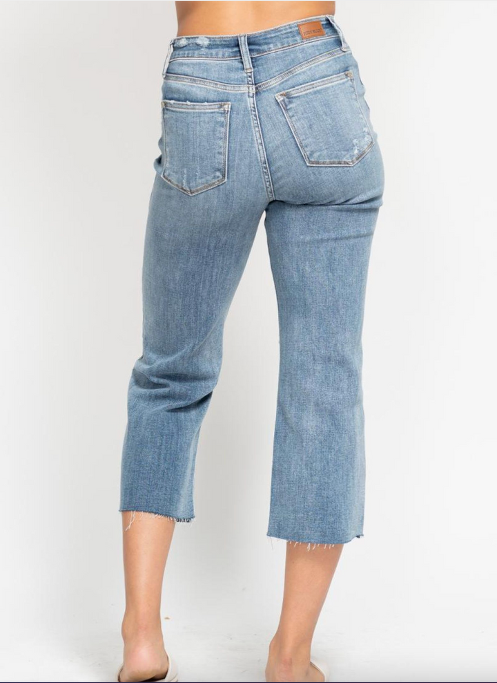 Judy Blue Light Wash Distressed Wide Crop Jeans