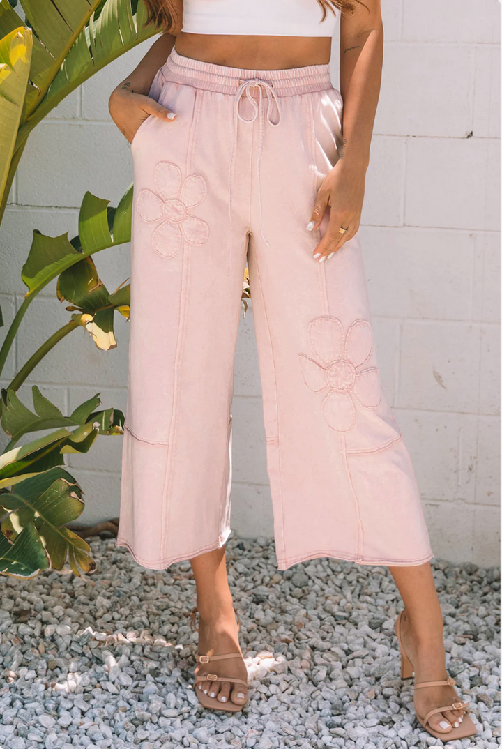 Pink Floral Mineral Washed Wide Leg Pants