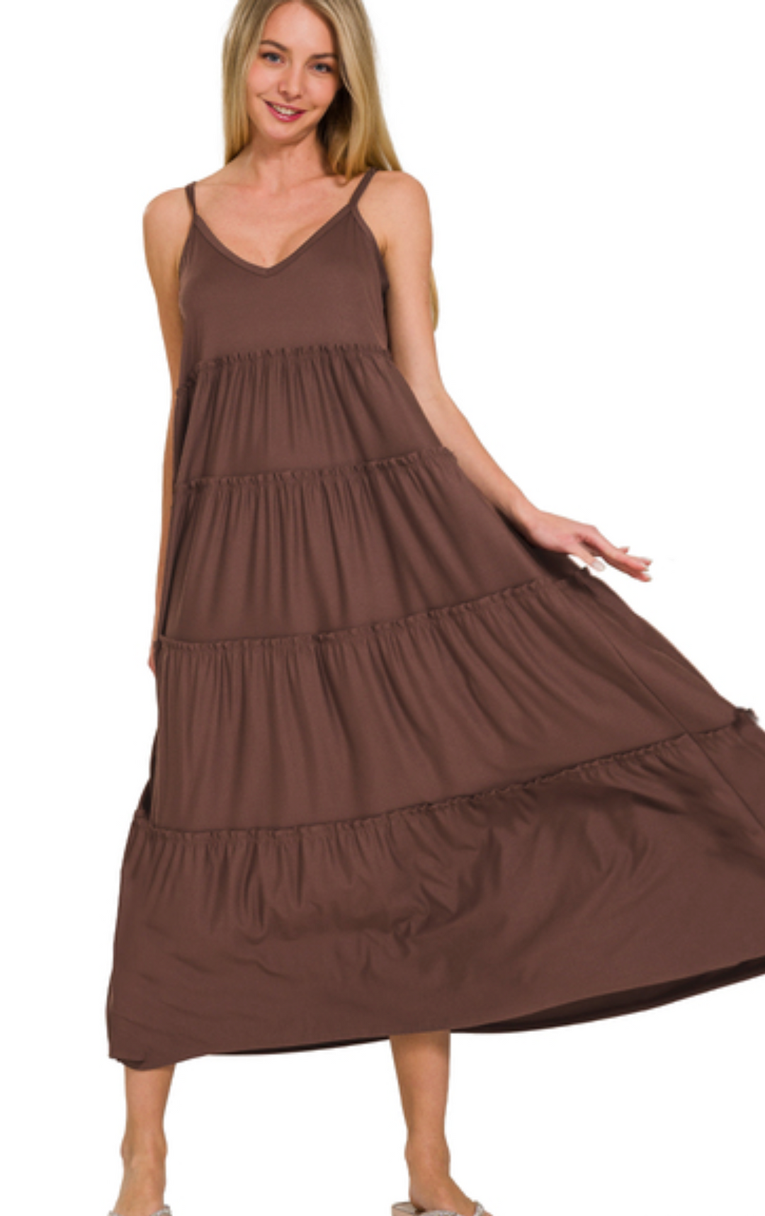 V-neck Cami Maxi Tiered Dress with Side Pockets