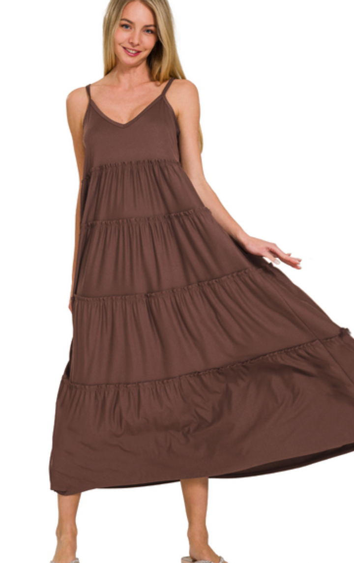 V-neck Cami Maxi Tiered Dress with Side Pockets