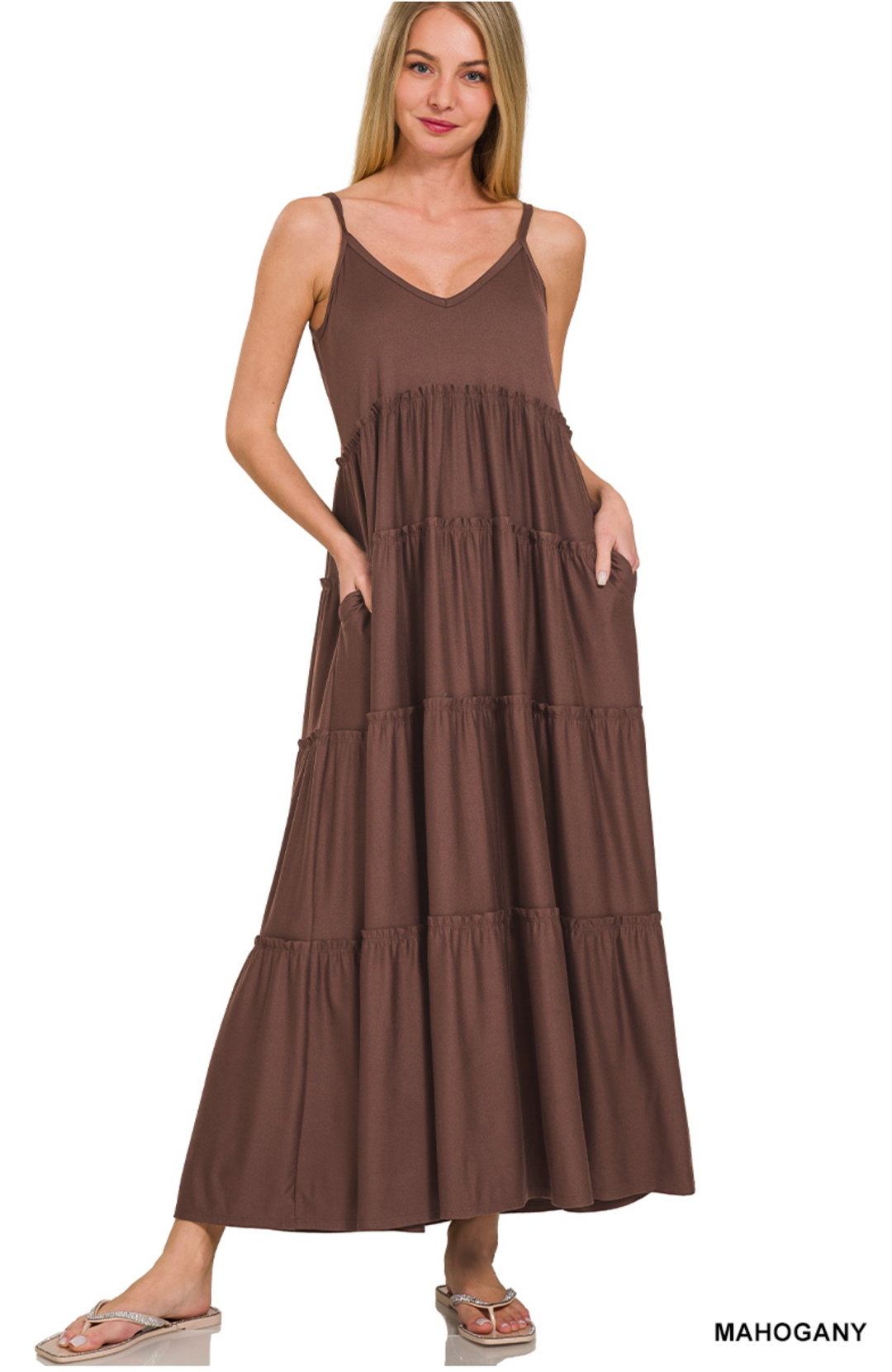 V-neck Cami Maxi Tiered Dress with Side Pockets