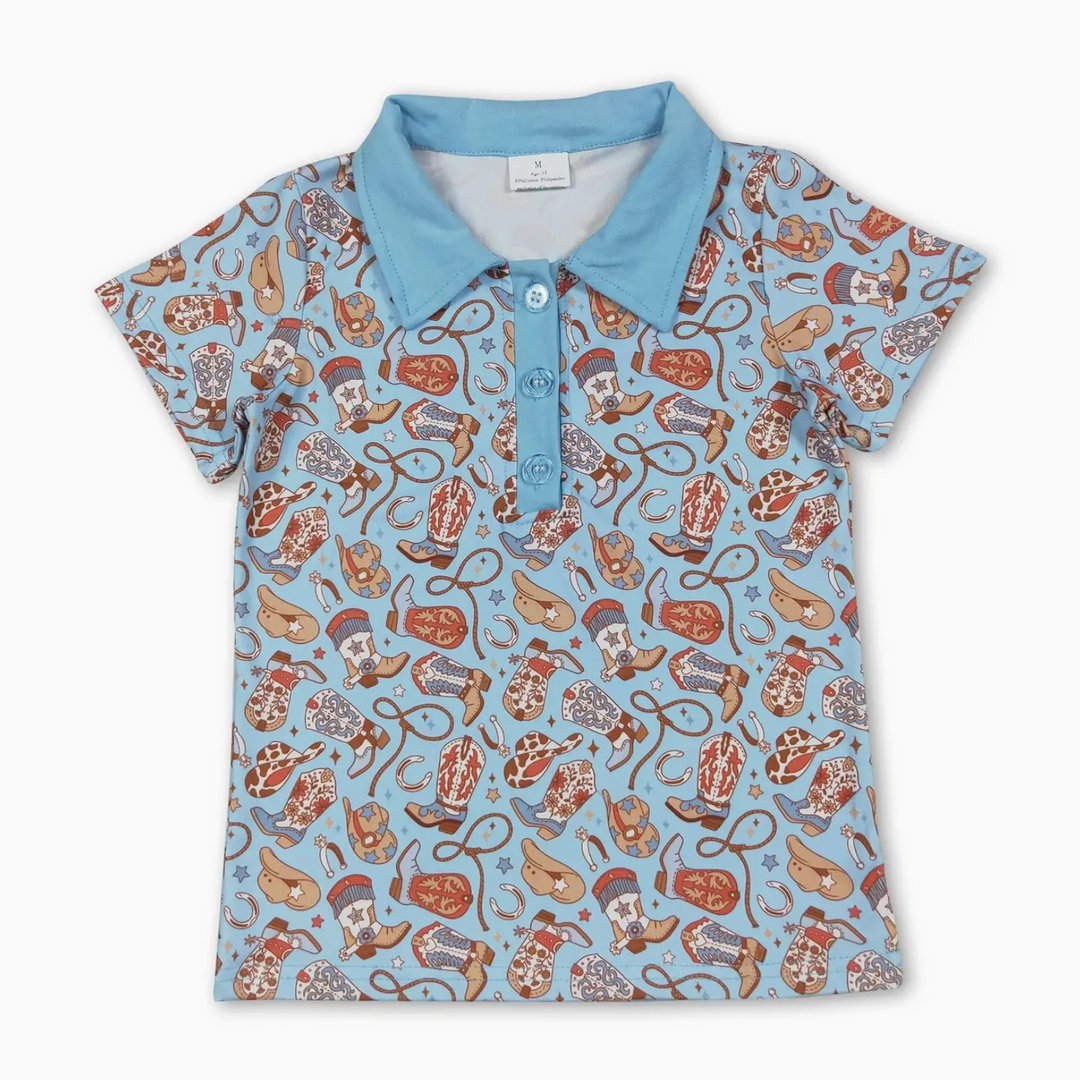 Short Sleeves Boots Hat Western Boys Polo Shirt
