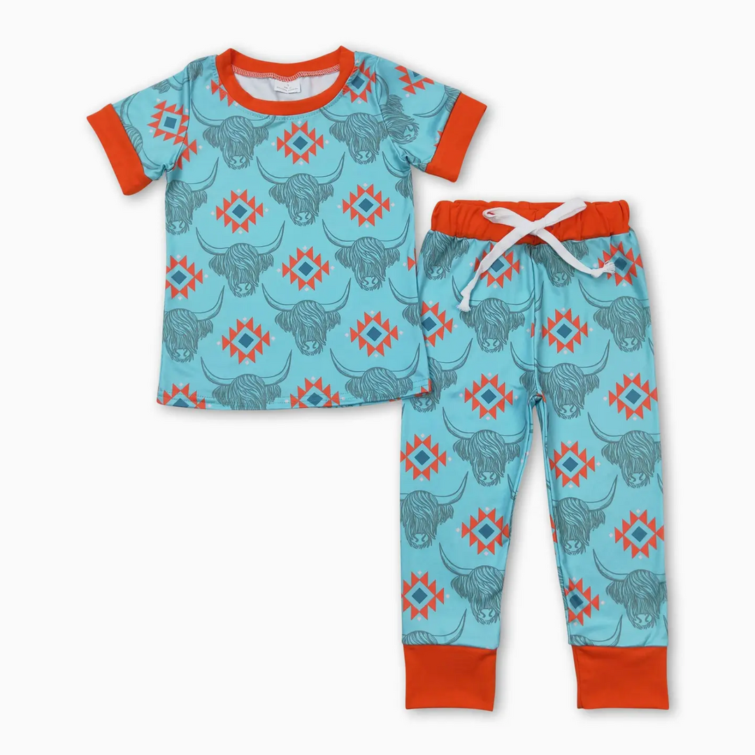 Short Sleeves Highland Cow Aztec Top Pants Boys Pajamas