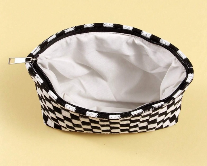 Checkered Cosmetic Makeup Pouch Clutch Bag
