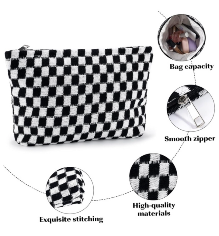 Checkered Cosmetic Makeup Pouch Clutch Bag