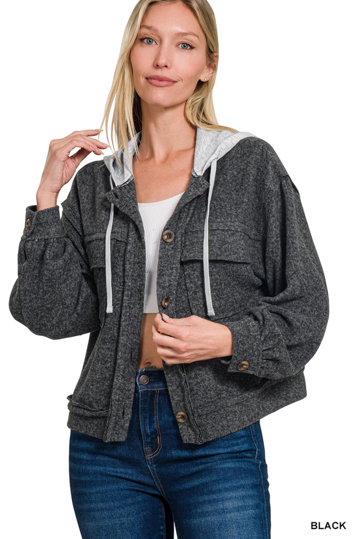 BRUSHED HACCI HOODED BUTTON-DOWN SHACKET