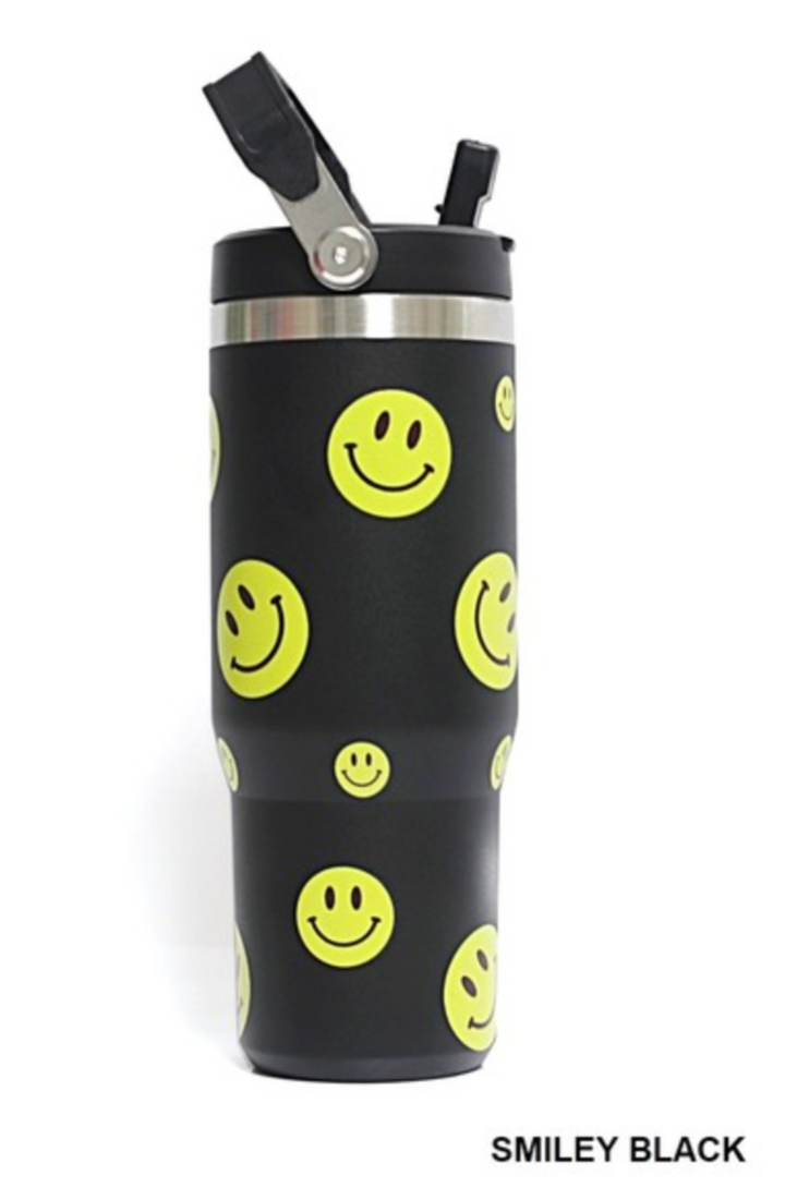 Smiley 3D UV Printed 30 OZ Stainless Steel Flip Straw Tumbler