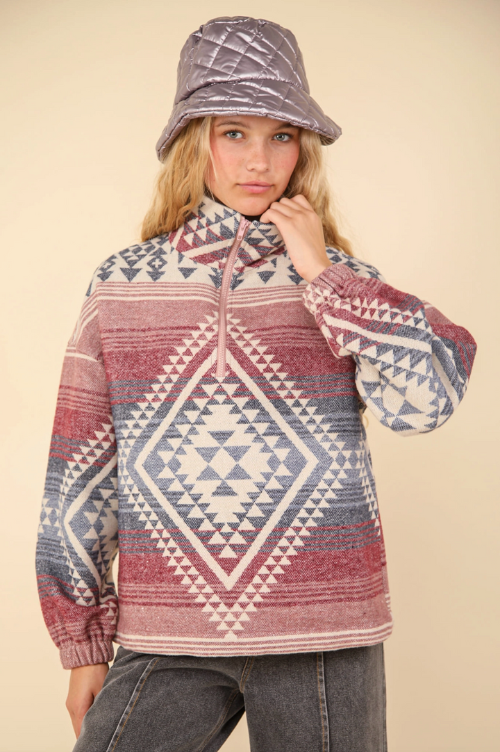 Aztec Printed Henley Woven Pullover Top