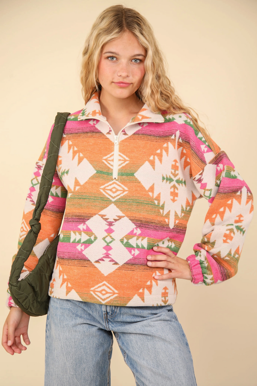 Aztec Printed Henley Woven Pullover Top