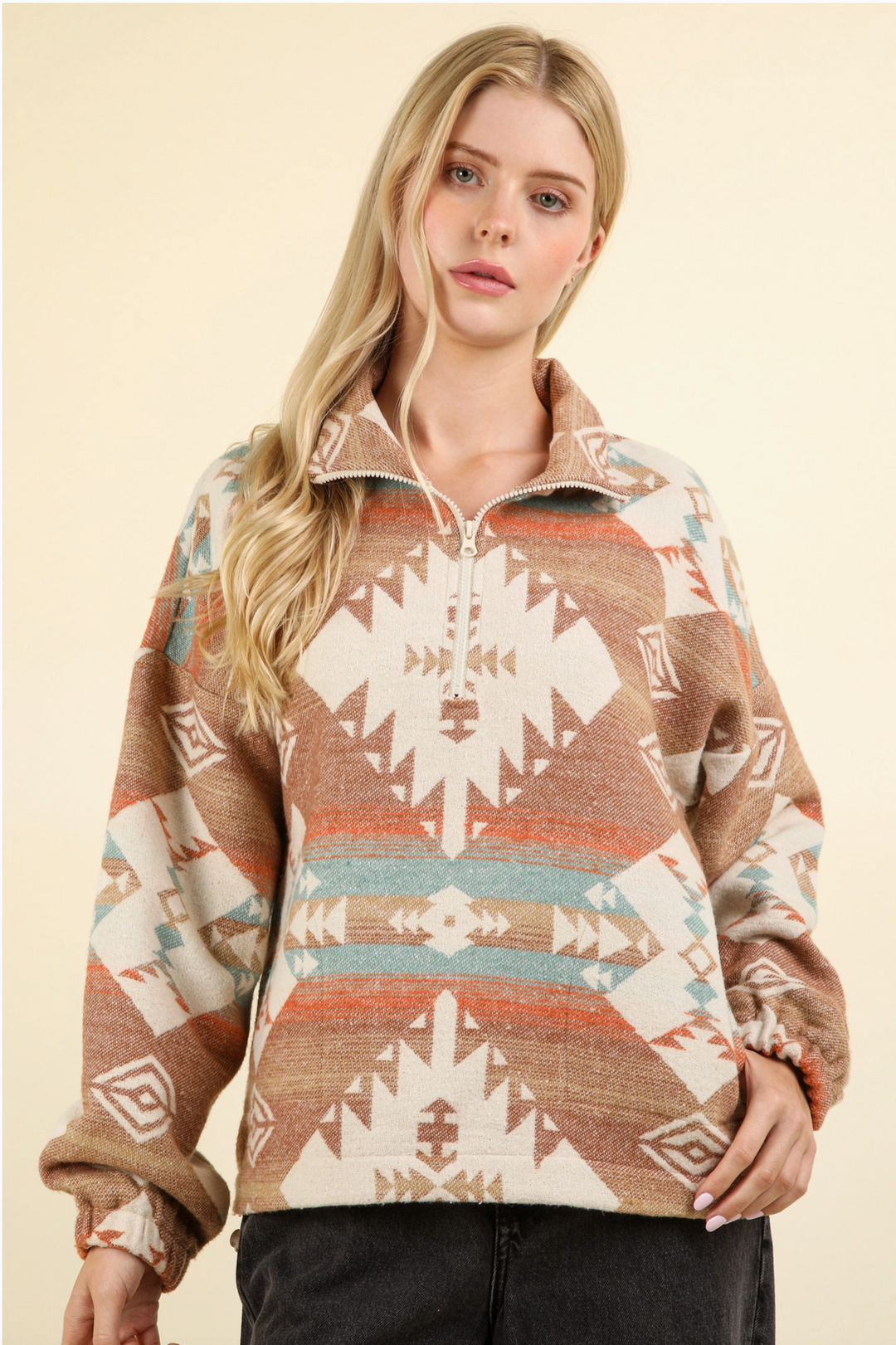 Aztec Printed Henley Woven Pullover Top