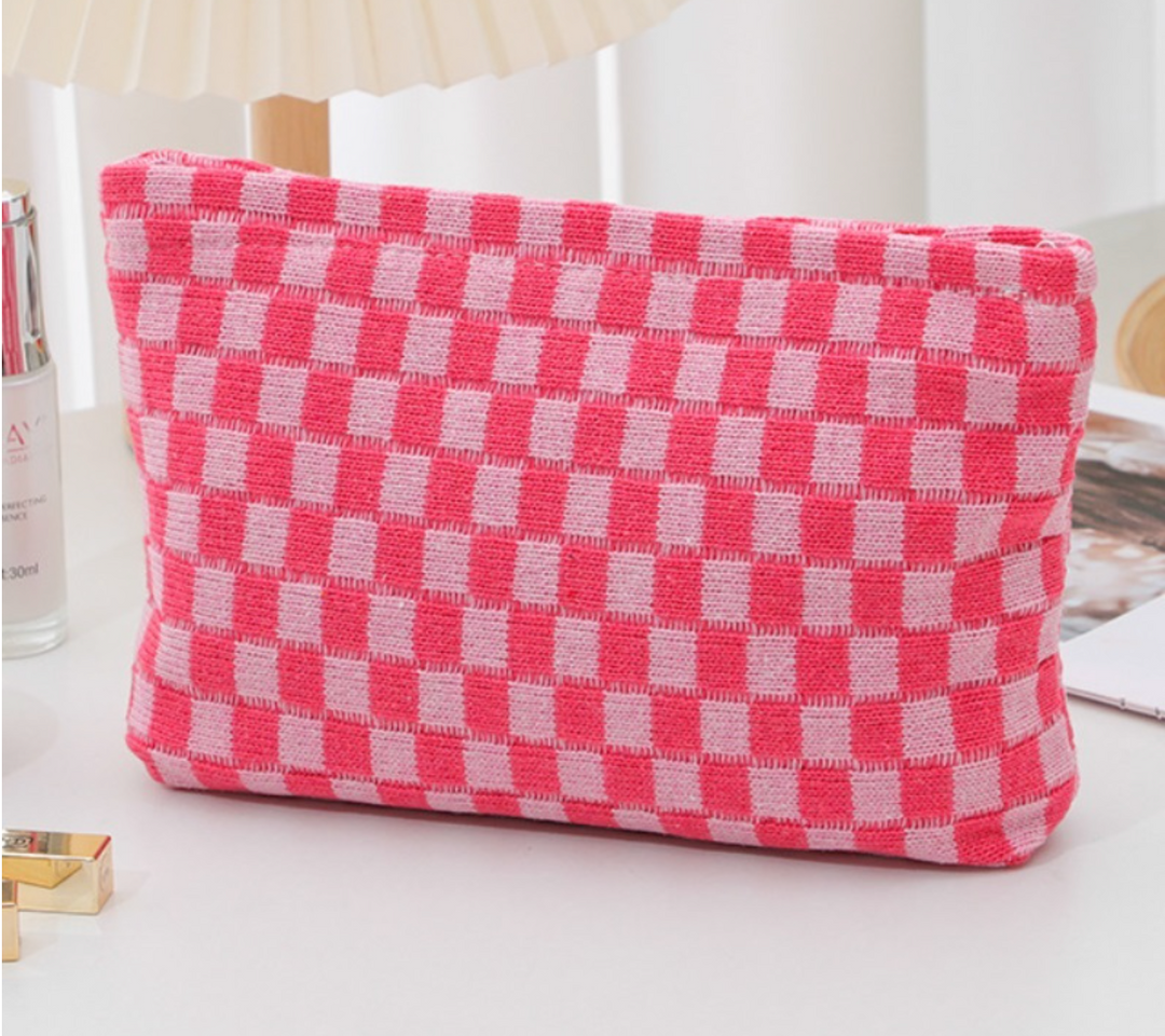 Checkered Cosmetic Makeup Pouch Clutch Bag