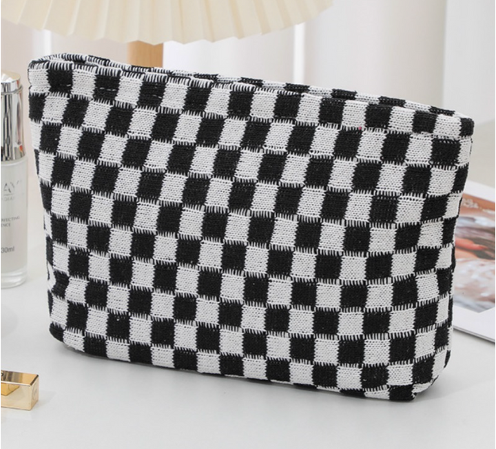 Checkered Cosmetic Makeup Pouch Clutch Bag