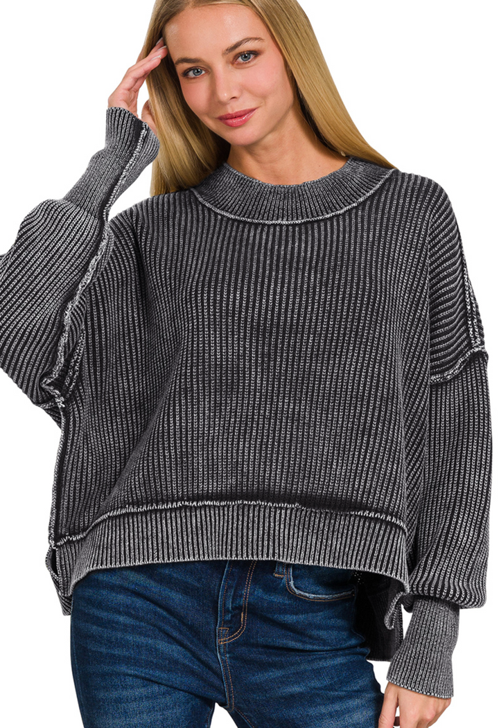 Washed Side Slit Oversized Cropped Sweater
