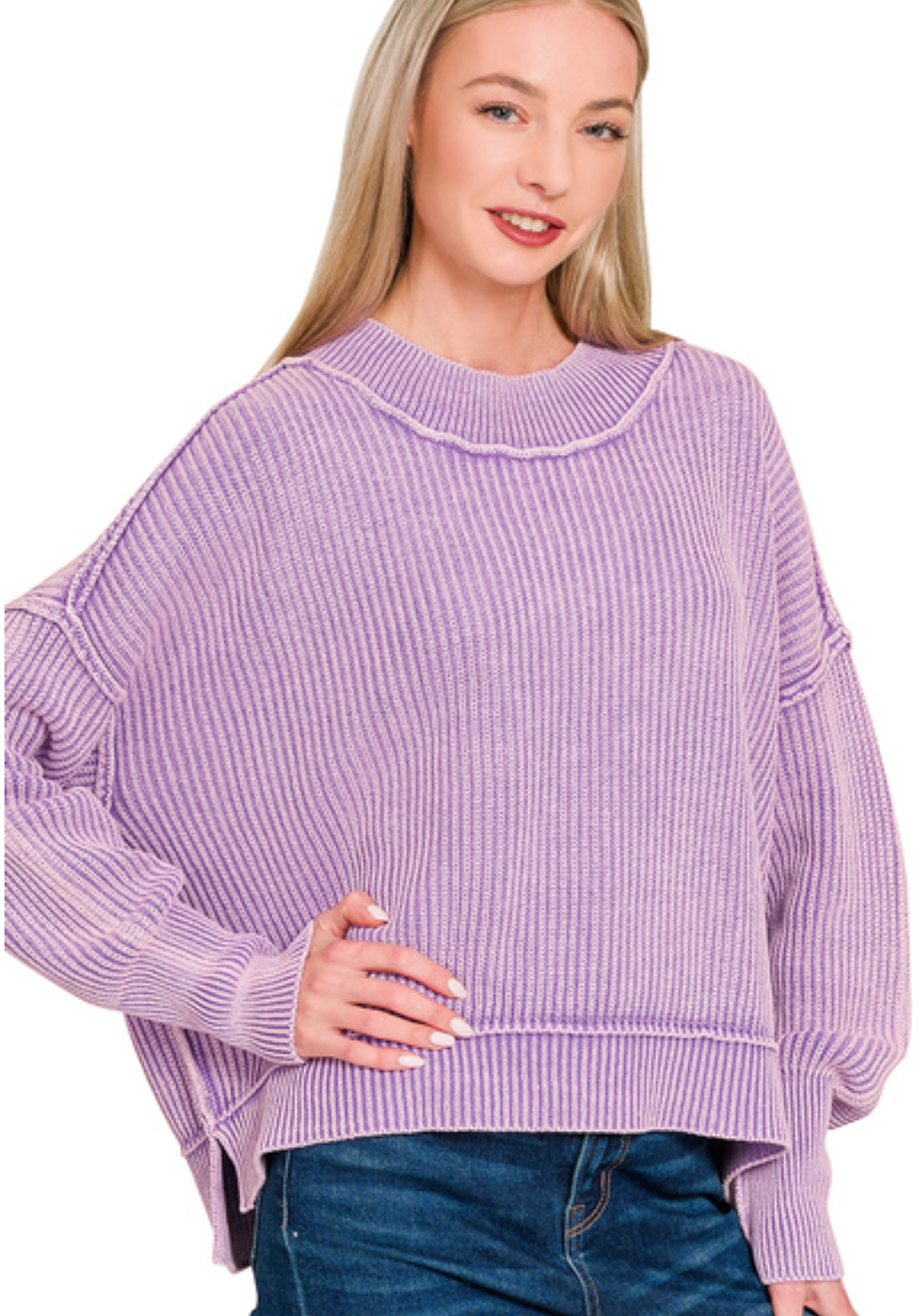 Washed Side Slit Oversized Cropped Sweater