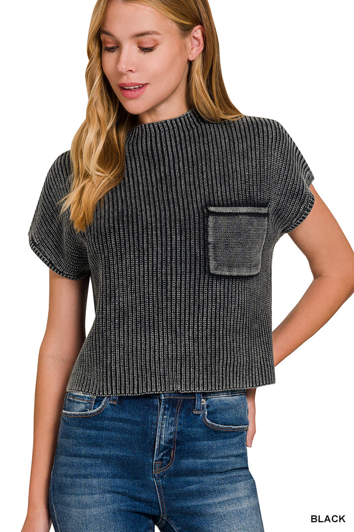 Washed Mock Neck Cropped Sweater