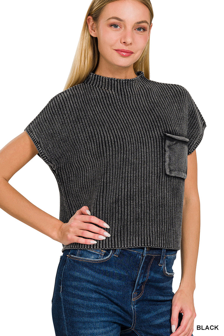 Washed Mock Neck Cropped Sweater