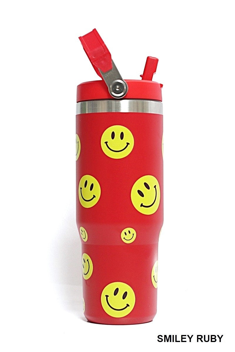 Smiley 3D UV Printed 30 OZ Stainless Steel Flip Straw Tumbler