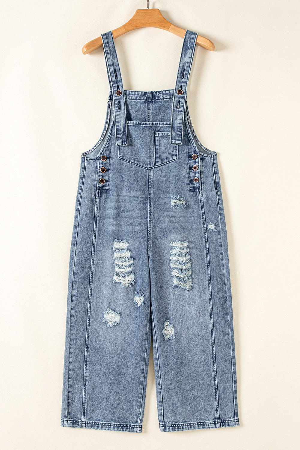 Distressed Pocketed Wide Leg Capri Denim Overall