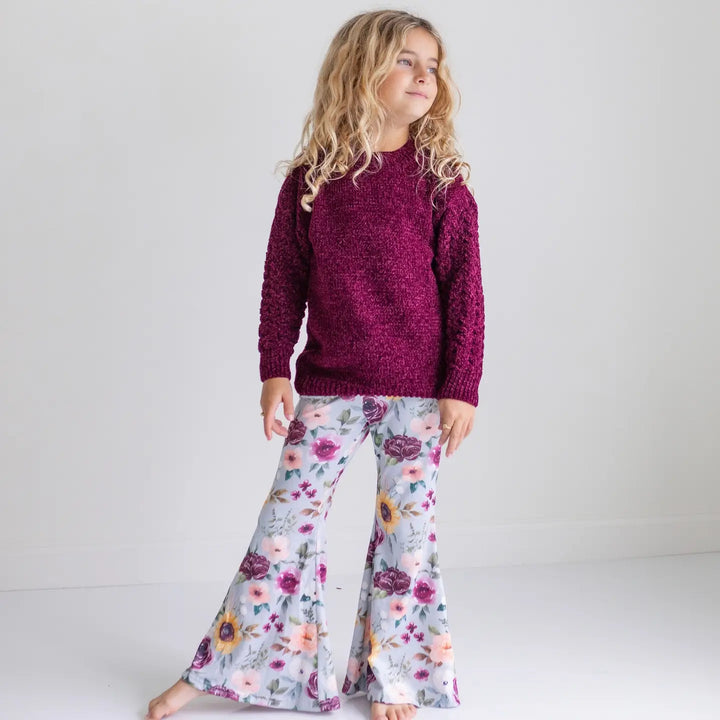 Kids Long Sleeve Plum Sweater & Sage Floral Bell Bottom Set