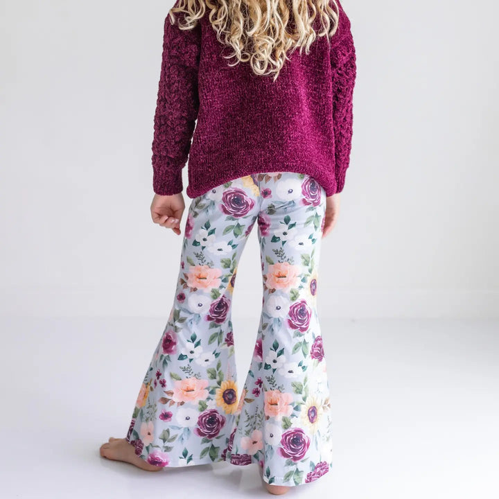 Kids Long Sleeve Plum Sweater & Sage Floral Bell Bottom Set