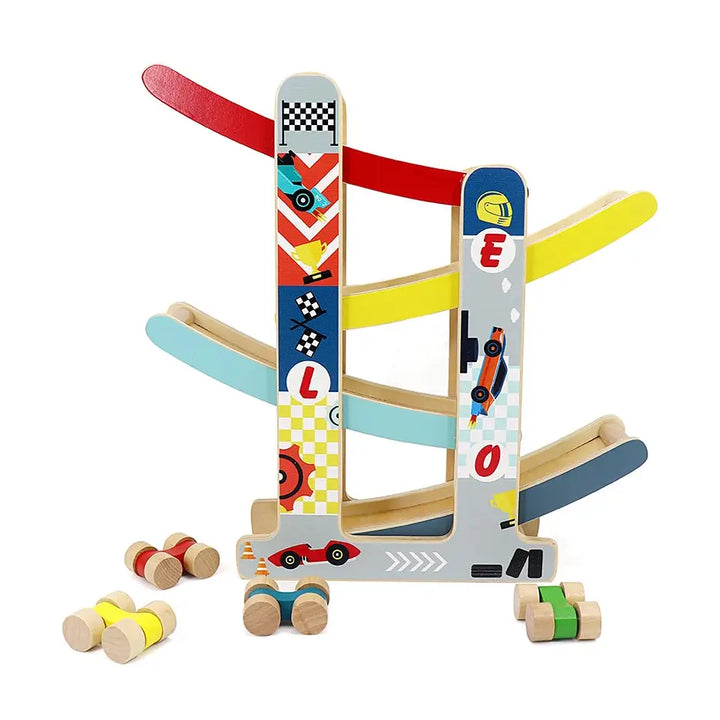Wooden Ramp Racer Track with 4 Race Cars
